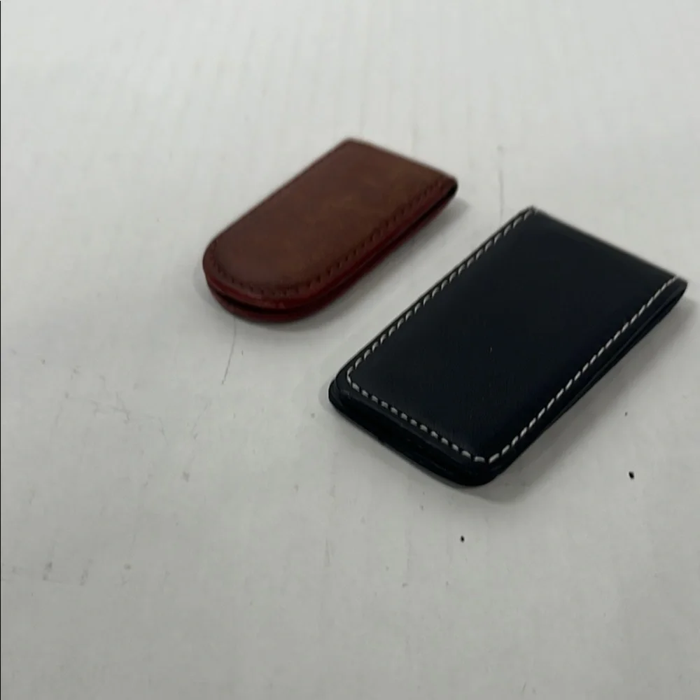Sleek Black and Brown Leather Magnetic Money Clips with Contrast Stitching